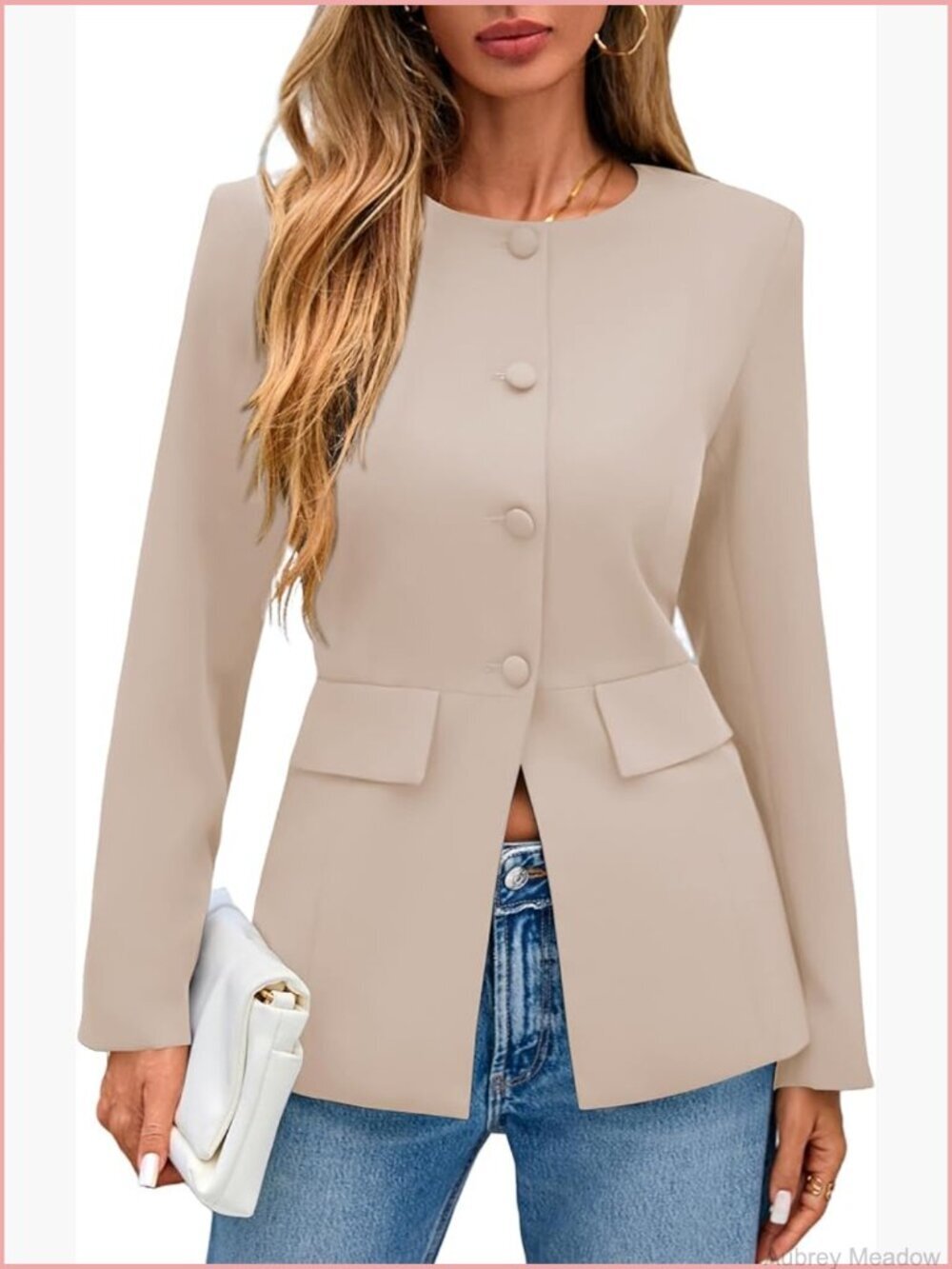 Long Sleeve Crewneck Button Down Blazer with Pockets Fitted Suit Jacket